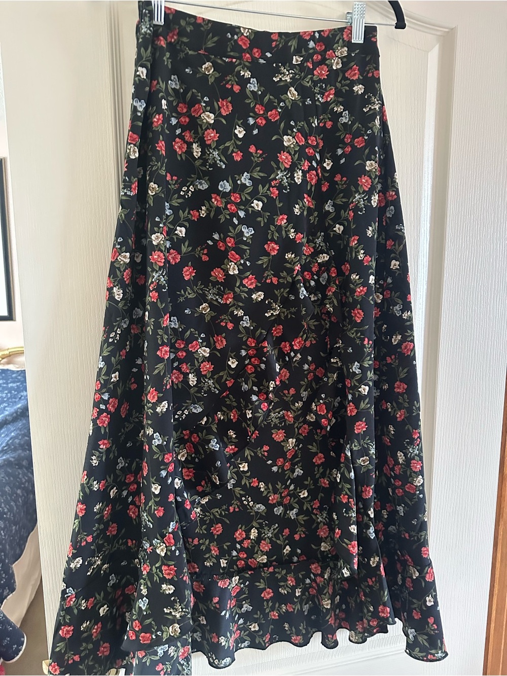 Black Floral A-Line Maxi Skirt - Red & Green Floral Print
